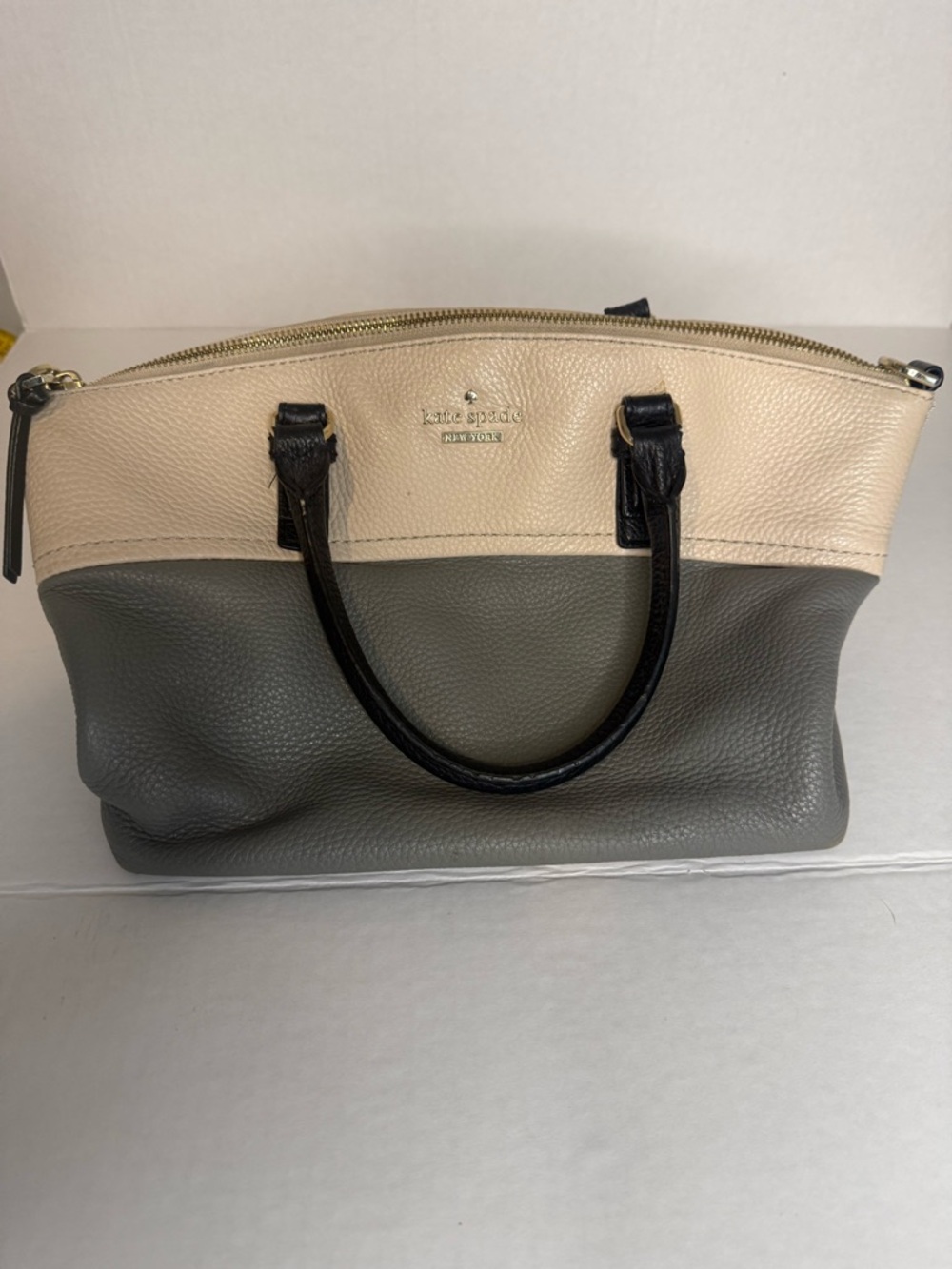 kate spade Two-Tone Pebbled Leather Satchel in Cream, Gray and Black